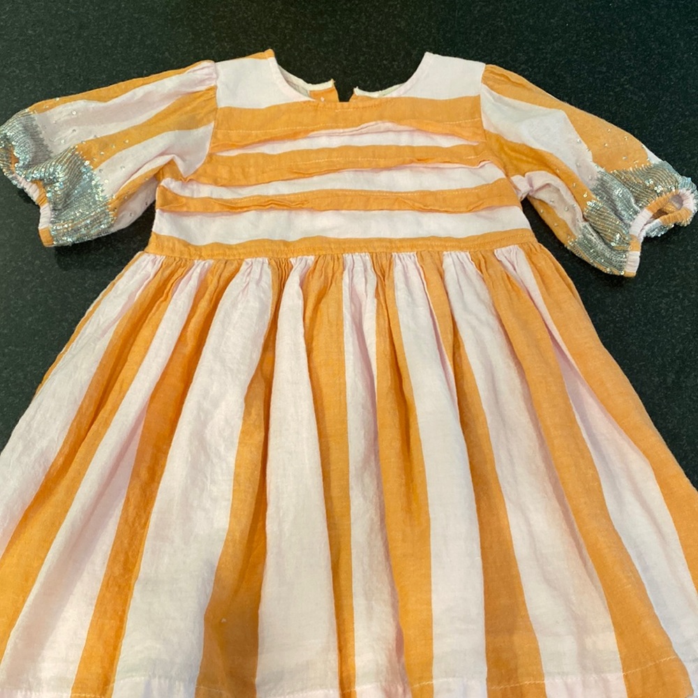 Pink Chicken Pink and Orange striped dress with sequin sleeve - size 4Y